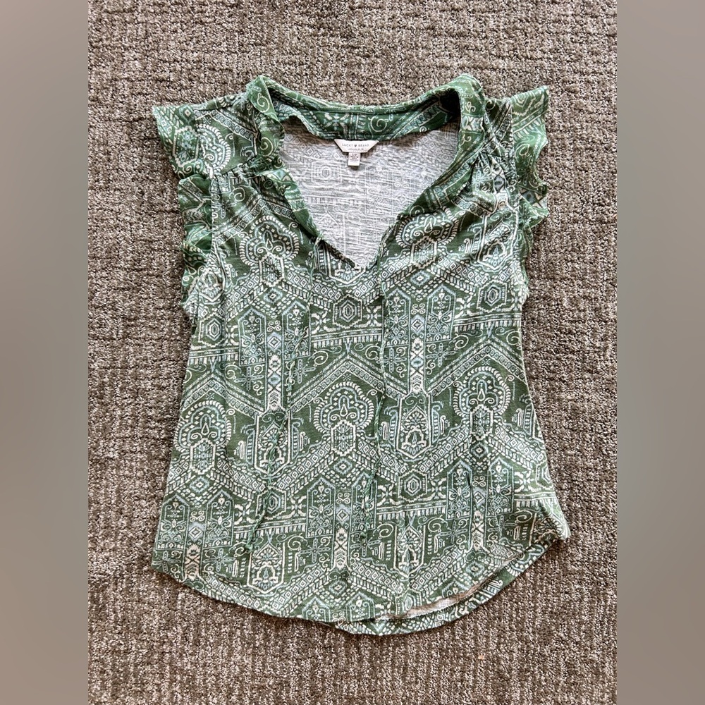 Lucky Brand Green Printed Flutter Sleeve V-Neck Top
